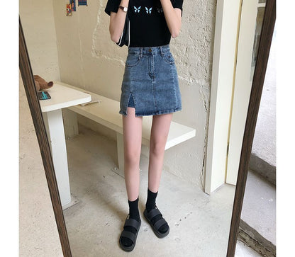 High Waist Slit Denim Mini Pencil Skort