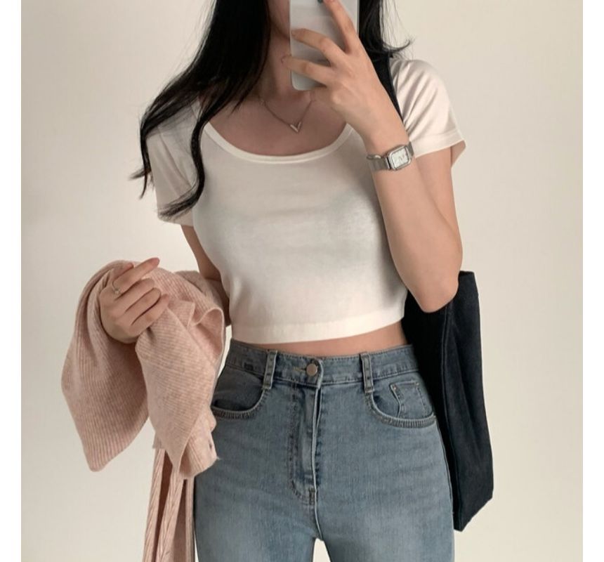 Short-Sleeve Plain Cropped T-Shirt