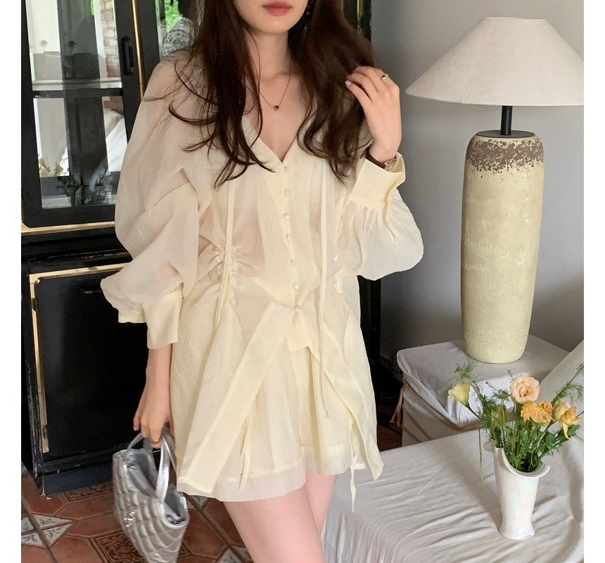 Set: Long-Sleeve V-Neck Drawstring Blouse + High Waist Wide Leg Shorts