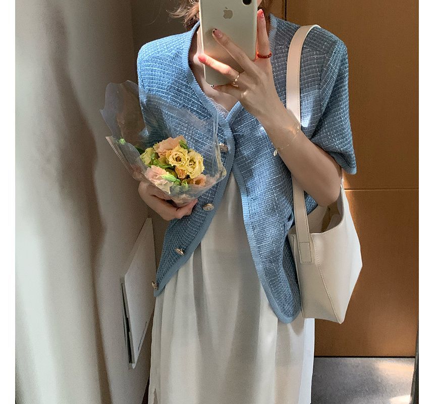 Short-Sleeve Pocket Detail Tweed Single-Breasted Jacket