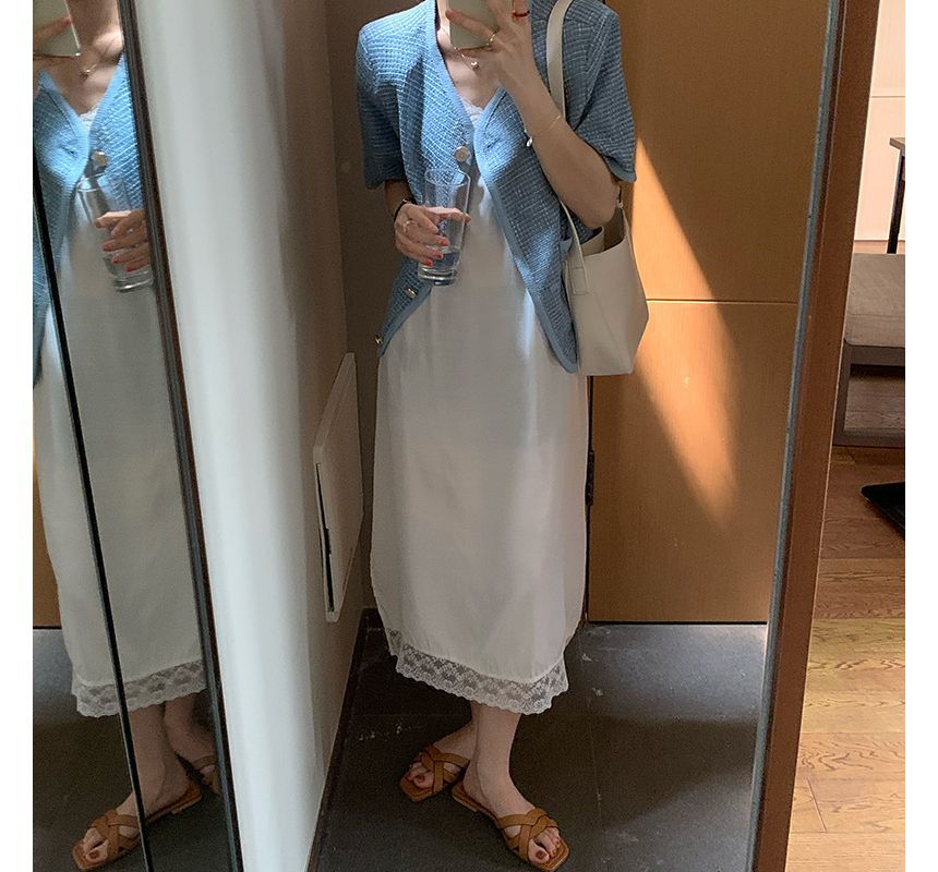 Short-Sleeve Pocket Detail Tweed Single-Breasted Jacket