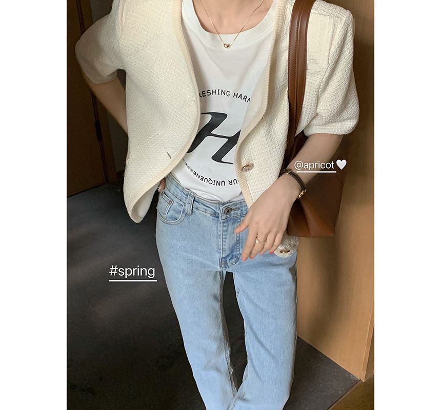 Short-Sleeve Pocket Detail Tweed Single-Breasted Jacket