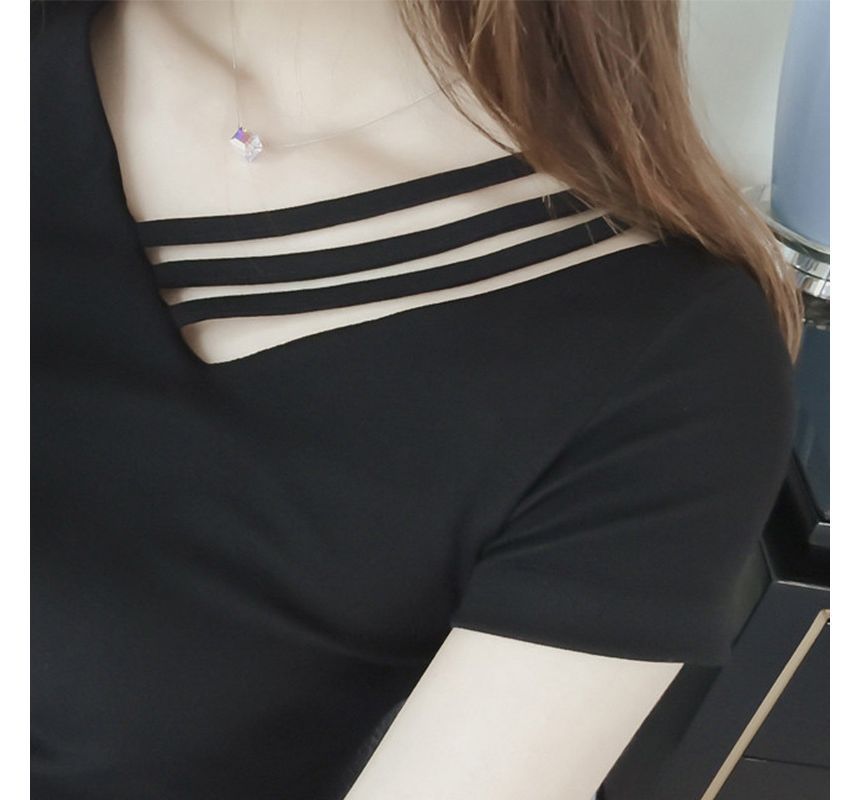 Asymmetrical Strappy Short-Sleeve Plain Tee V-Neck