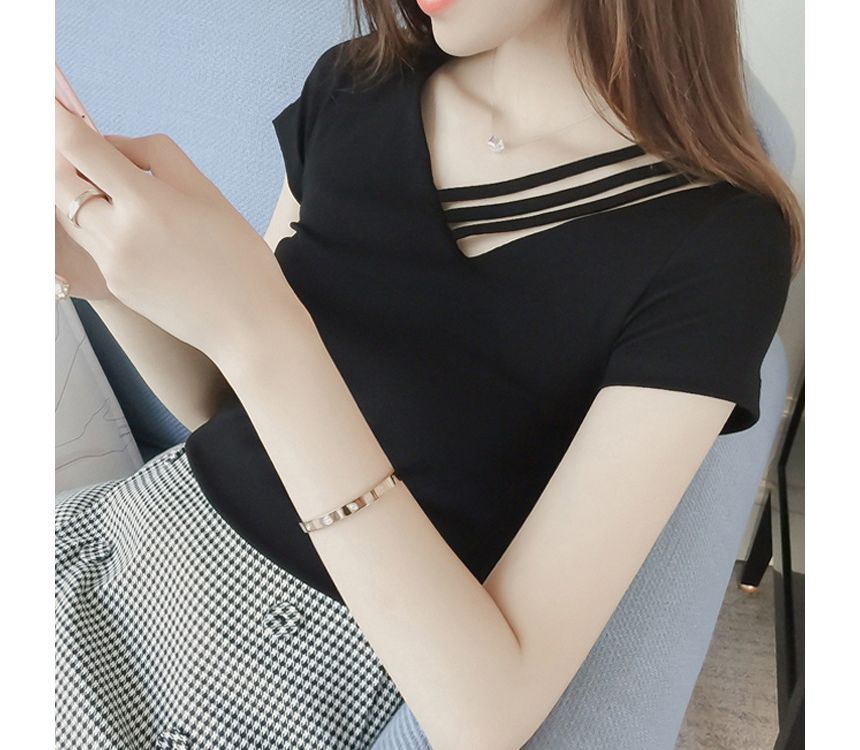 Asymmetrical Strappy Short-Sleeve Plain Tee V-Neck