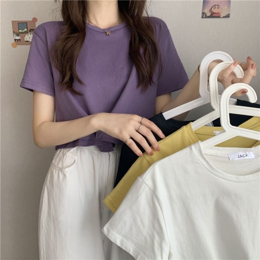 Neck Short-Sleeve Plain Buttoned Round Tee