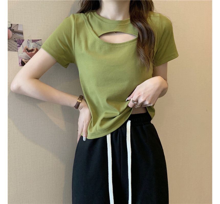 Plain Short-Sleeve Neck Cut Out T-Shirt Crew