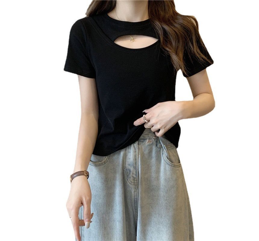 Plain Short-Sleeve Neck Cut Out T-Shirt Crew
