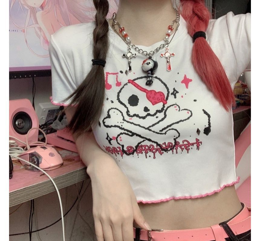 Contrast Tee Skull Trim Short-Sleeve Crew Neck Crop Print