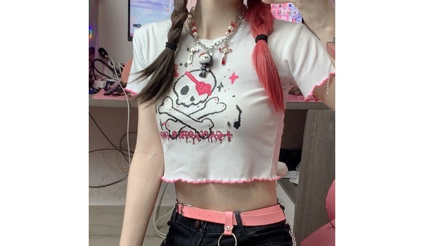 Contrast Tee Skull Trim Short-Sleeve Crew Neck Crop Print