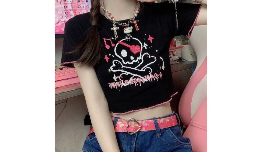 Contrast Tee Skull Trim Short-Sleeve Crew Neck Crop Print