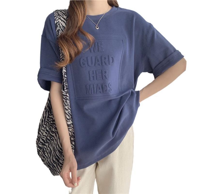 Plain Lettering Crew Elbow-Sleeve Tee Embossed Neck Oversized