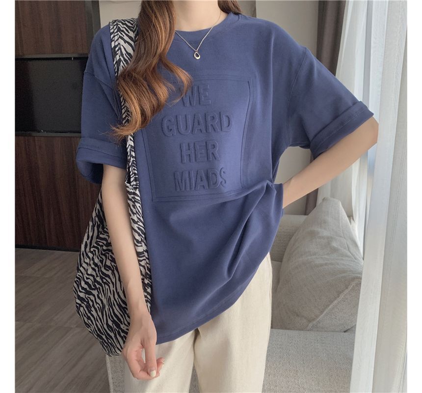 Plain Lettering Crew Elbow-Sleeve Tee Embossed Neck Oversized