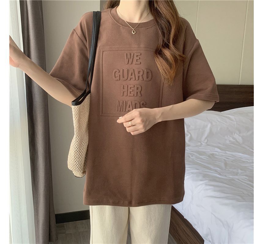 Plain Lettering Crew Elbow-Sleeve Tee Embossed Neck Oversized
