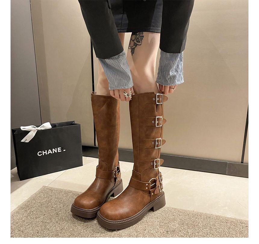 Faux Leather Buckled Tall Boots