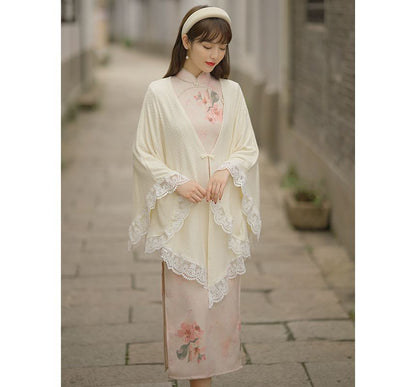 3/4-Sleeve Floral Print Faux Pearl Faux Suede Midi Sheath Qipao