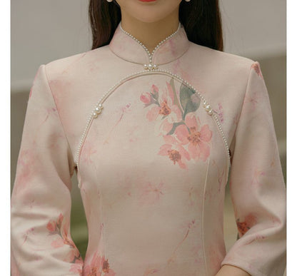 3/4-Sleeve Floral Print Faux Pearl Faux Suede Midi Sheath Qipao