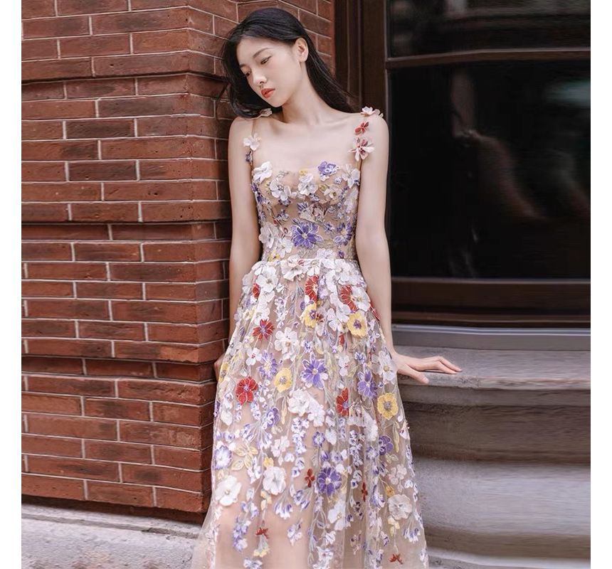 Spaghetti Strap Floral Print Mesh Midi A-Line Evening Dress