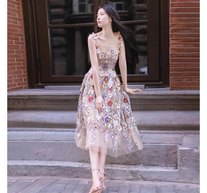 Spaghetti Strap Floral Print Mesh Midi A-Line Evening Dress