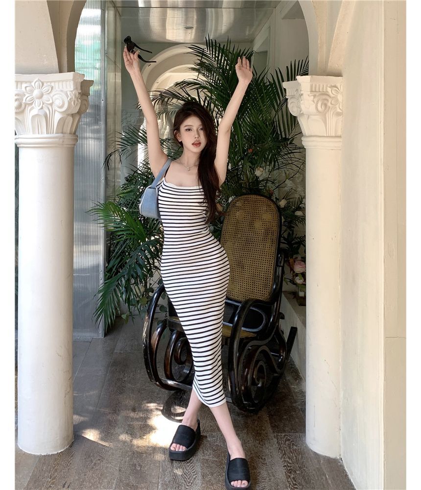 Spaghetti Strap Striped Midi Bodycon Dress