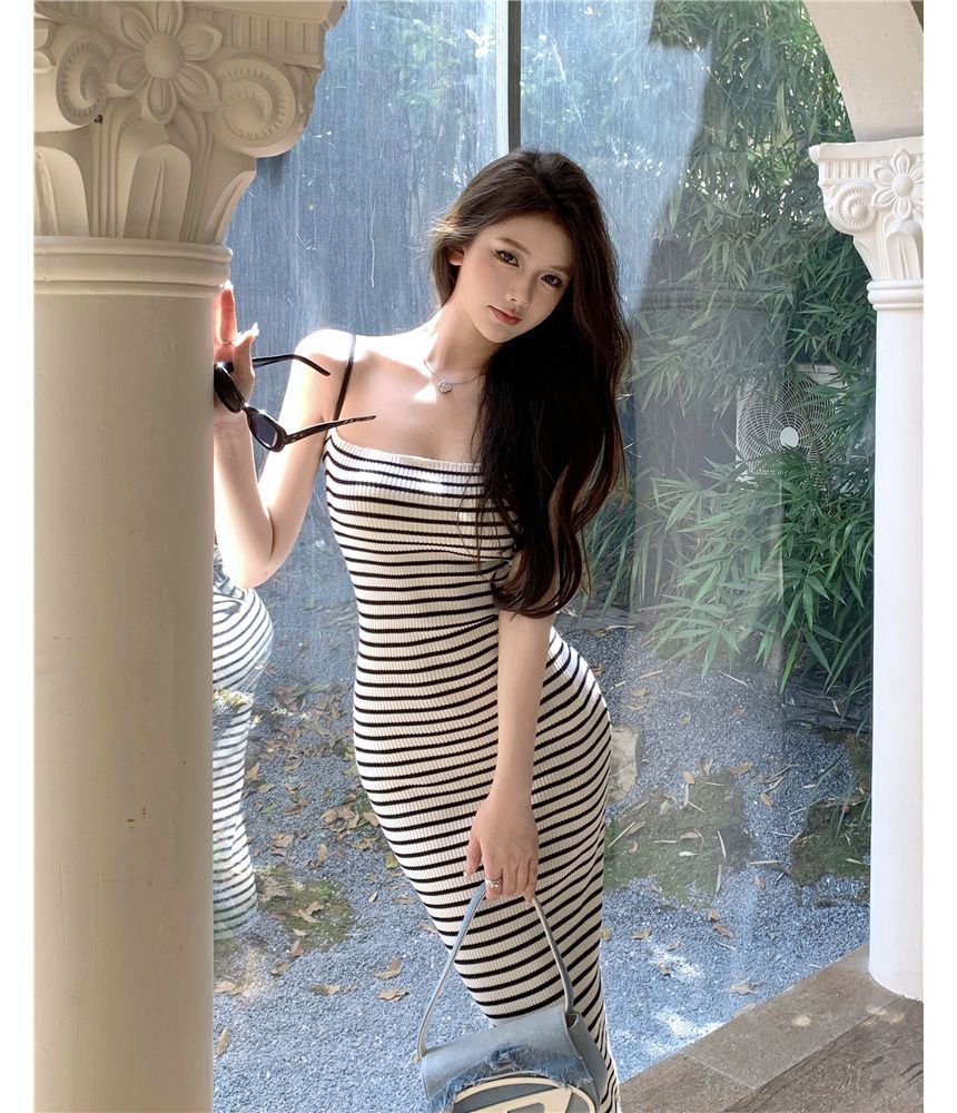 Spaghetti Strap Striped Midi Bodycon Dress