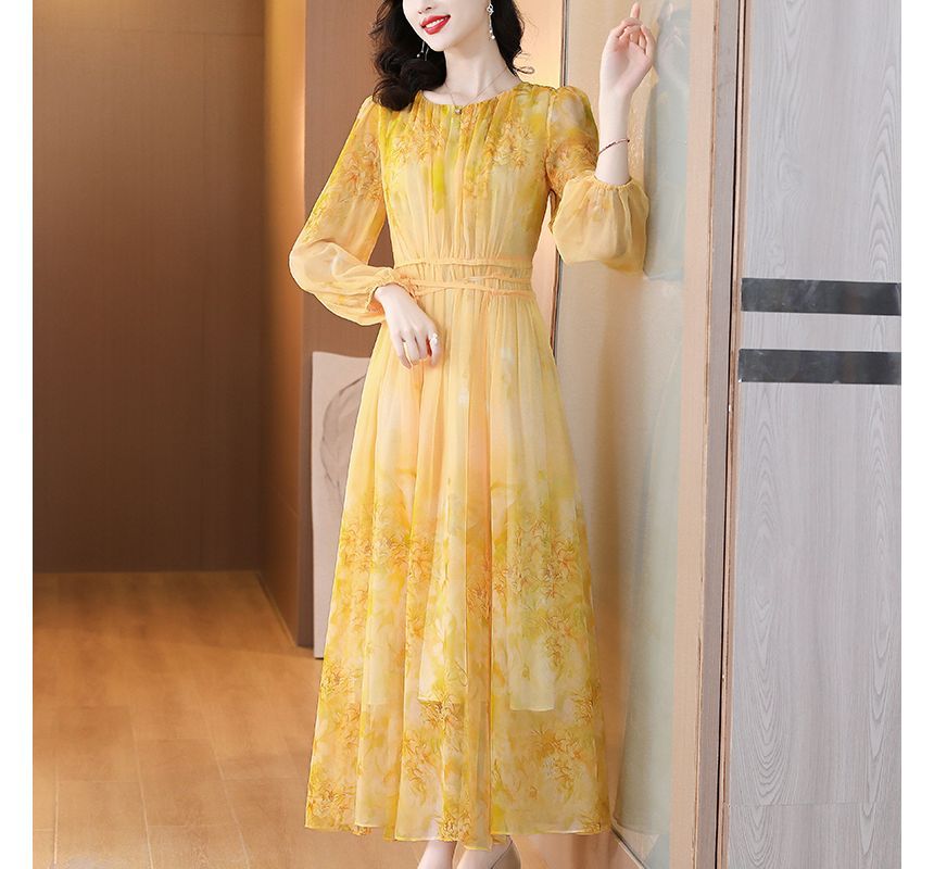 Long-Sleeve Crew Neck Print Maxi A-Line Dress