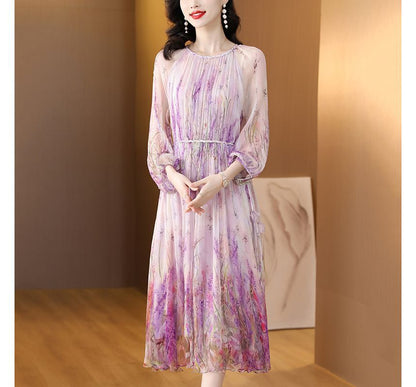 Long-Sleeve Crew Neck Floral Print Midi A-Line Dress