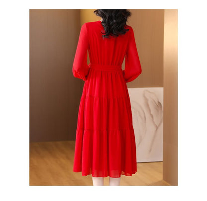 Long-Sleeve V-Neck Lace Trim Midi A-Line Dress