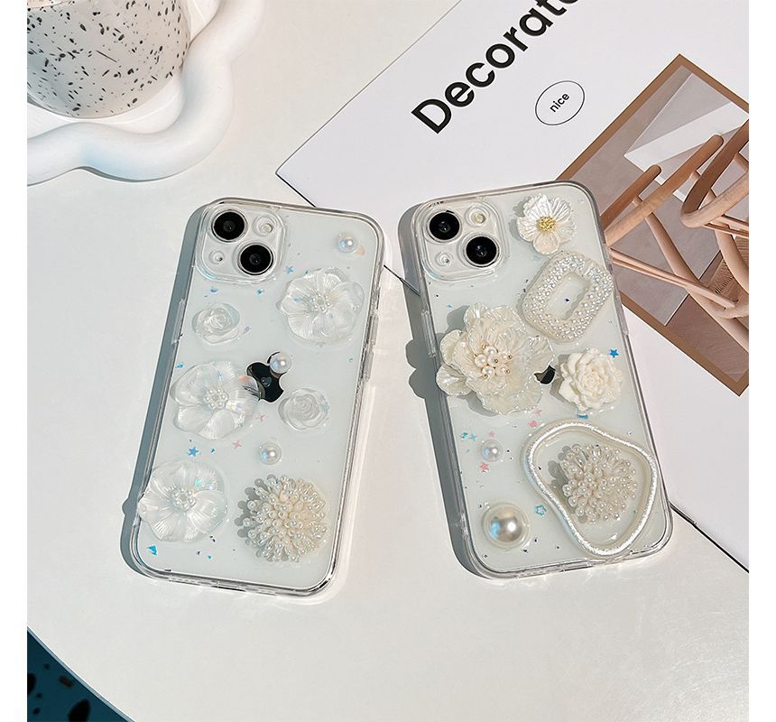 Case Faux Transparent Floral Pearl Phone