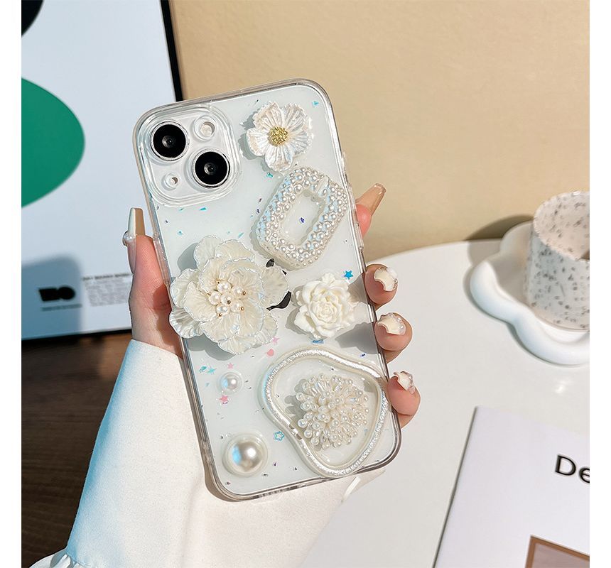 Case Faux Transparent Floral Pearl Phone