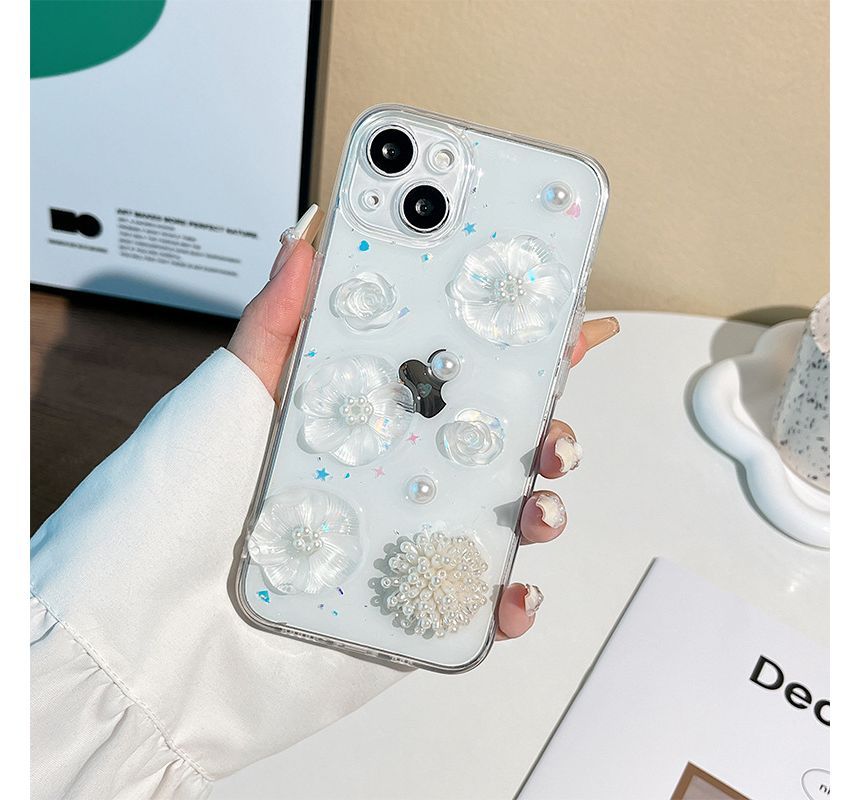 Case Faux Transparent Floral Pearl Phone
