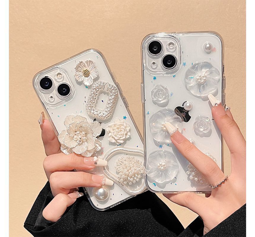 Case Faux Transparent Floral Pearl Phone