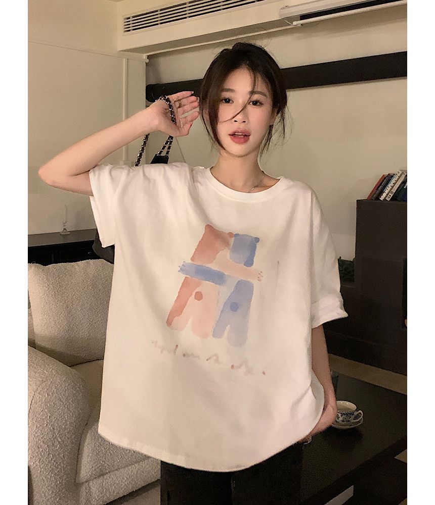 T-Shirt Crew Print Illustration Elbow-Sleeve Neck