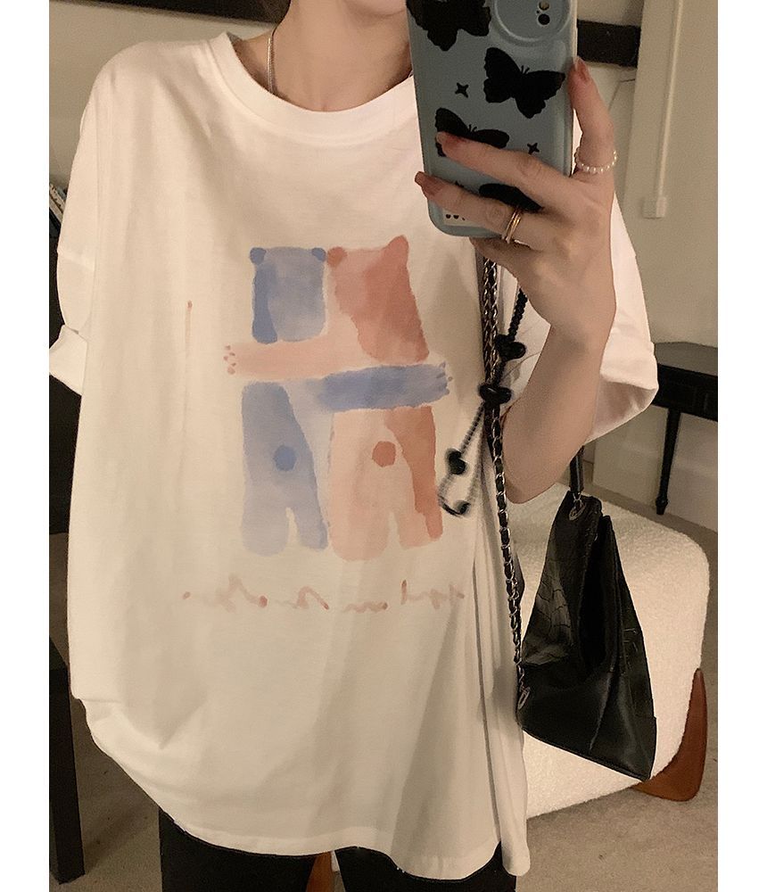 T-Shirt Crew Print Illustration Elbow-Sleeve Neck