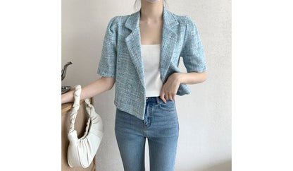 Short-Sleeve Double Breasted Plaid Crop Blazer