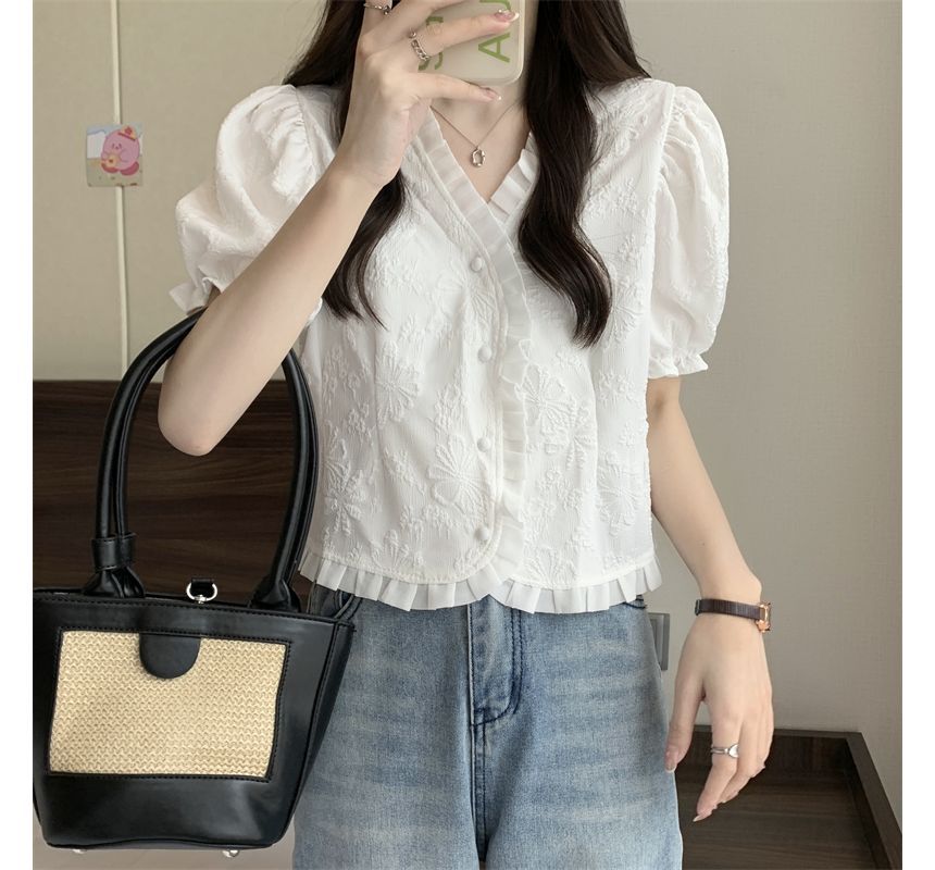 Frill V-Neck Short-Sleeve Jacquard Blouse
