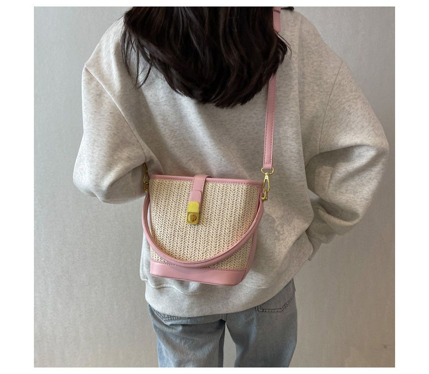 Woven Top Handle Buckled Bucket Bag