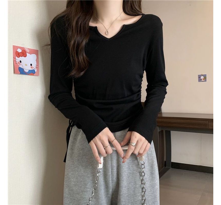 V-Neck T-Shirt Plain Long-Sleeve Drawstring