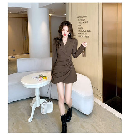 Long-Sleeve Wrapped Plain Mini Blazer Dress