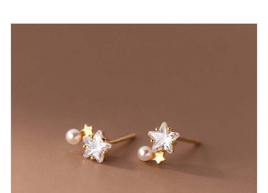 925 Sterling Silver Rhinestone Star Faux Pearl Stud Earring