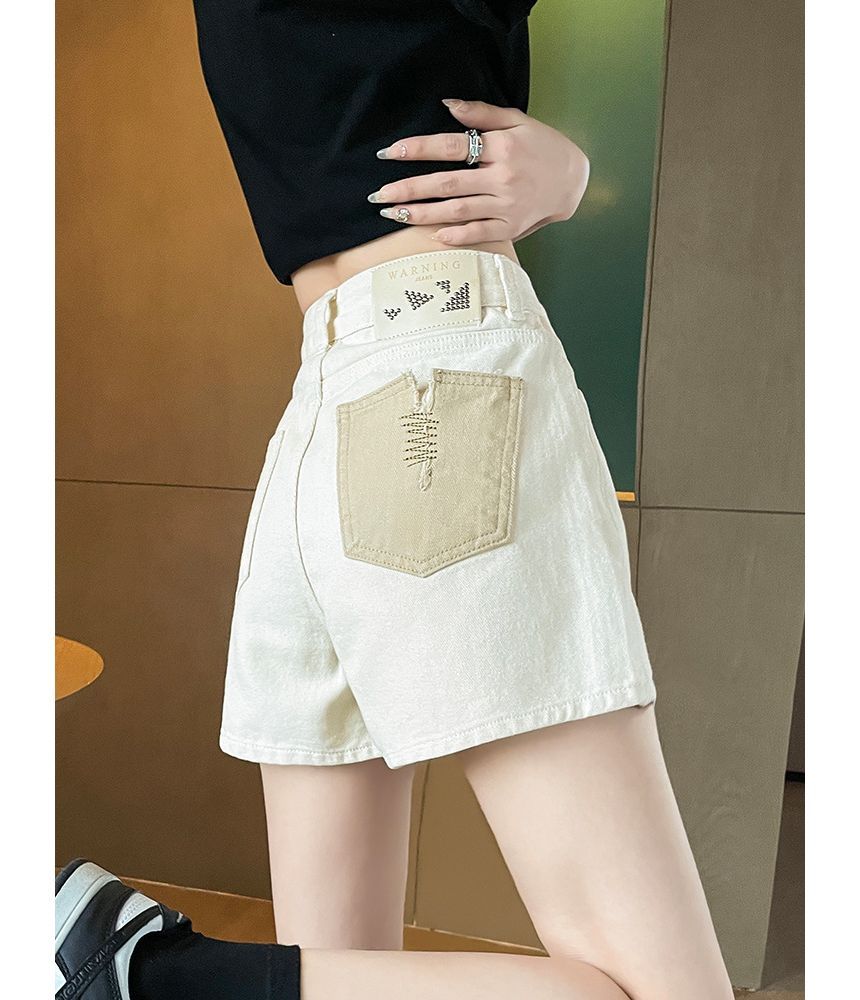 High Waist Embroidered Applique Denim Hot Pants