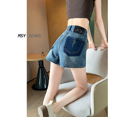 High Waist Embroidered Applique Denim Hot Pants