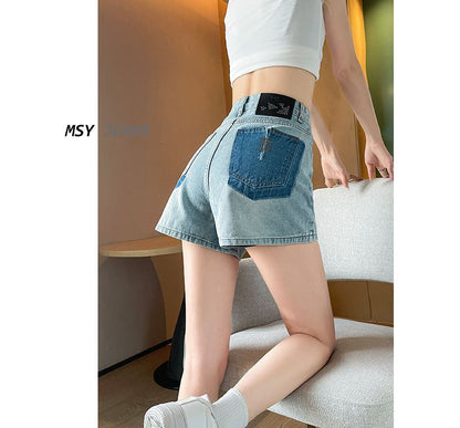 High Waist Embroidered Applique Denim Hot Pants