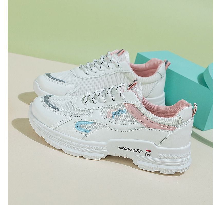 Letter Embroidered Mesh Panel Platform Sneakers