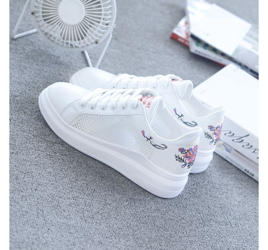 Floral Embroidered Mesh Panel Platform Sneakers