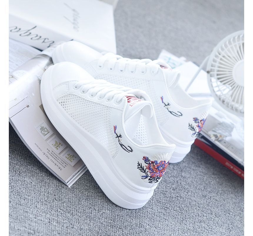 Floral Embroidered Mesh Panel Platform Sneakers