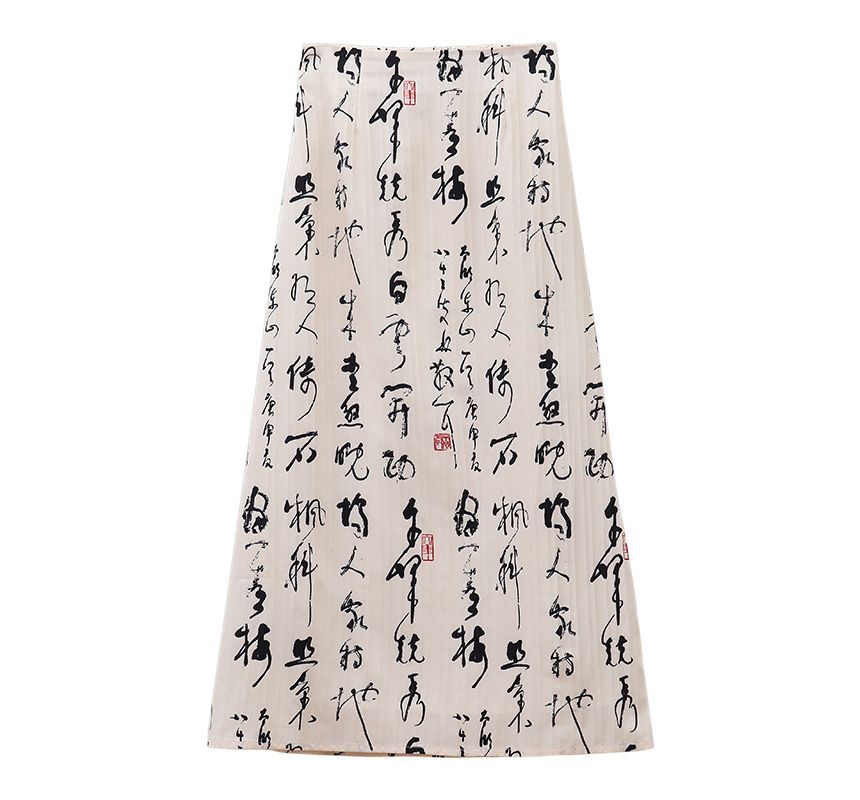 Short-Sleeve Asymmetrical Bow Keyhole Cheongsam Top / High Waist Chinese Character Print Midi A-Line Skirt / Set