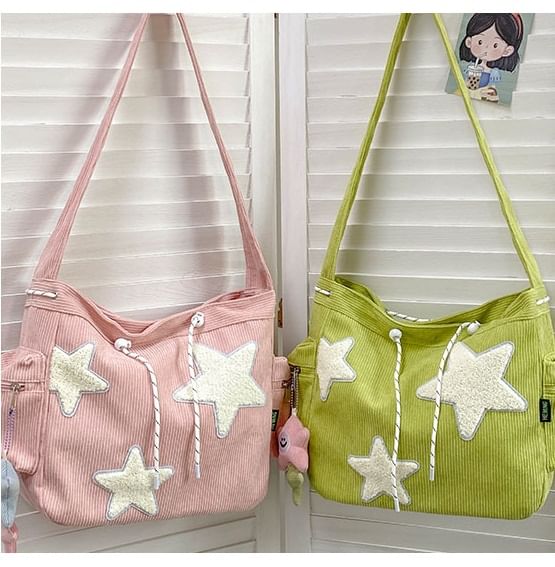 Corduroy Star Applique Drawstring Crossbody Shoulder Bag