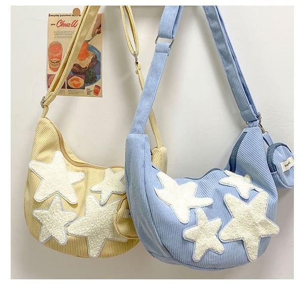 Corduroy Star Applique Zipper Crossbody Pouch With Coin Purse (Various Designs)