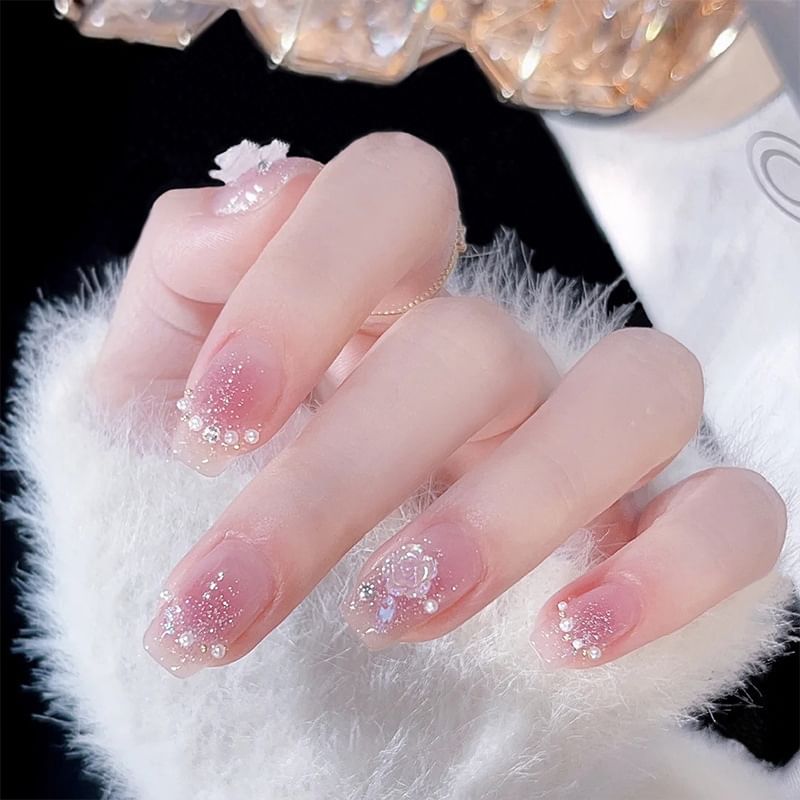 Rose Faux Pearl Pointed Press-On Nails