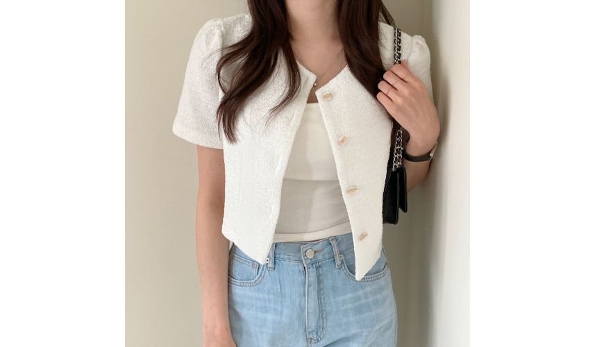 Short Sleeve Round Neck Tweed Blazer